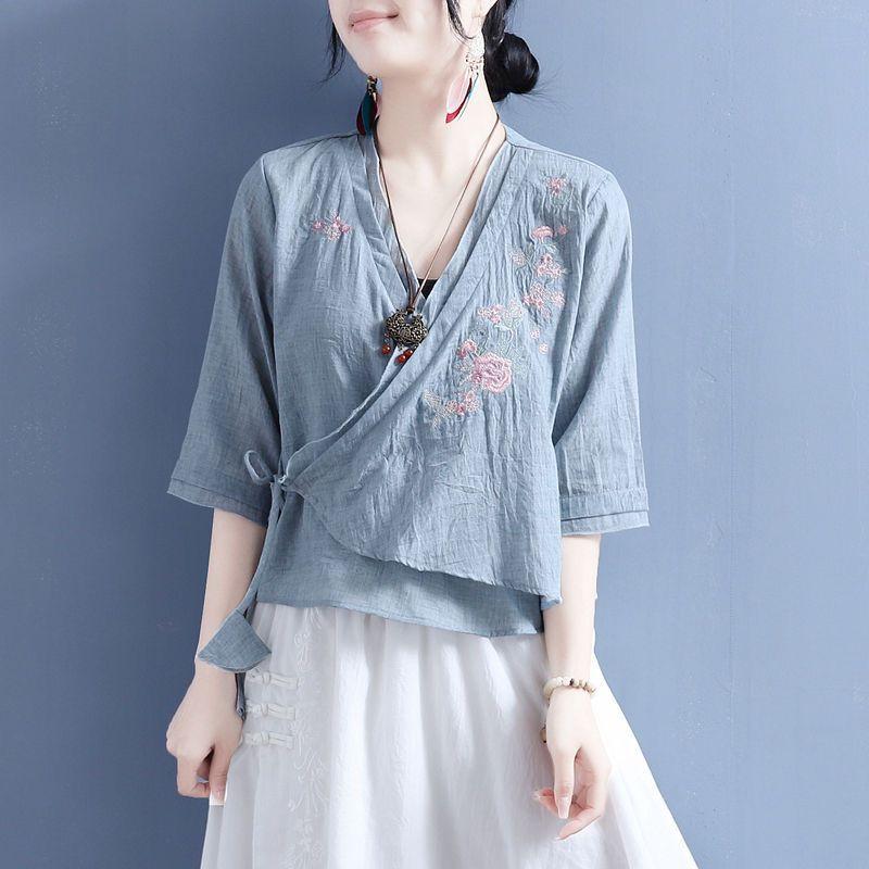 Summer cotton and linen embroidered diagonal placket fan-shaped lace-up medium-sleeved top women's retro zen shirt tea clothes