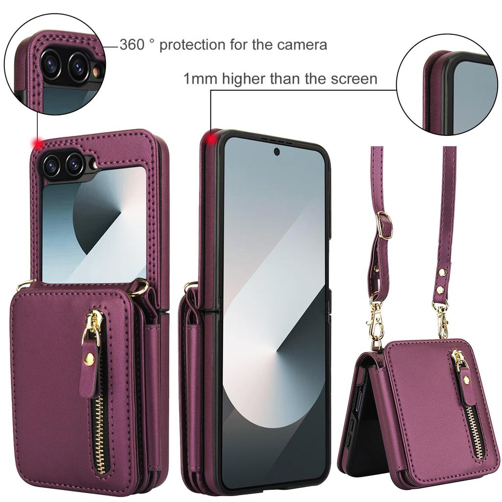 Applicable To Samsung Z Flip6 Mobile Phone Leather Case Z Flip5 Solid Color Card Zipper Change Bag Diagonal Strap Card Bag