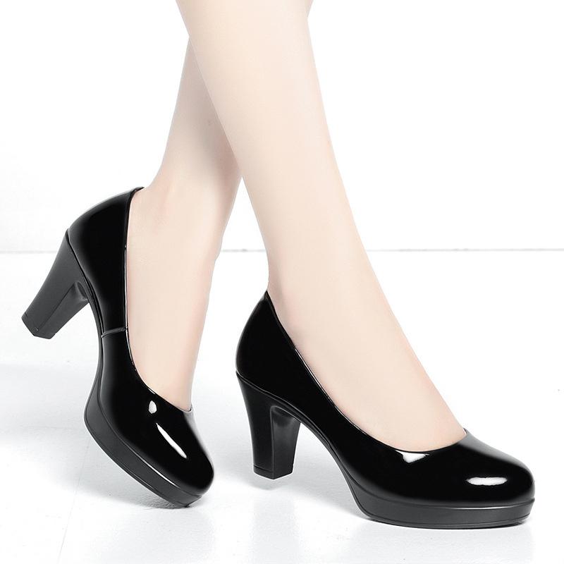 women Shallow Mouth Single Shoes Round Toe Thick Sole Non-slip Black Thick High Heel Work Shoes