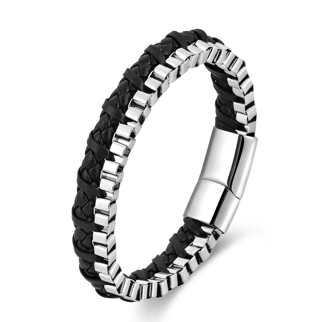 Black Leather Rope Cowhide Men's Double Chain Braided Bracelet Handmade Multilayer Leather Bracelet 2026