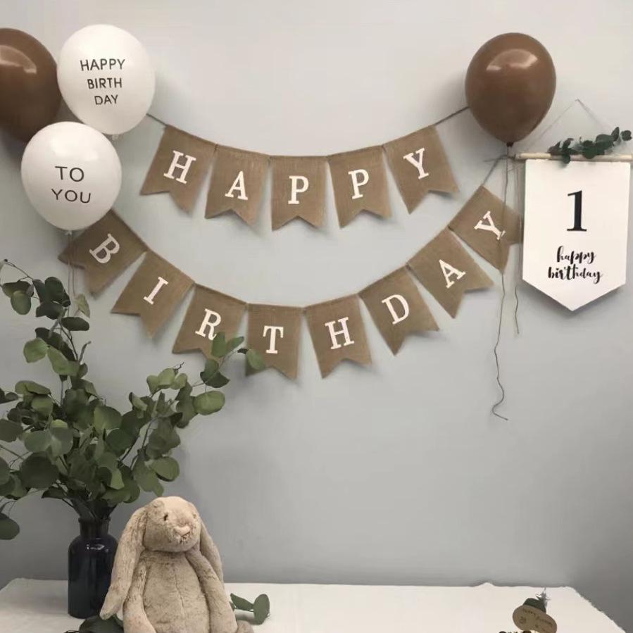 Mori-style Linen Birthday Pennant Banner for Baby's 1st Birthday or 100-Day Celebration Party Decoration