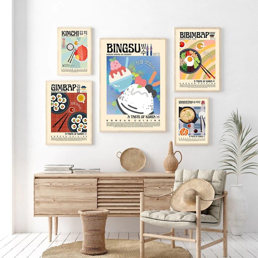 Gimbap Kimchi Bibimbap Poster Retro Style Korean Food Vintage Wall Art Pictures Cuisine Modern Kitchen Decor Prints Painting No Frame