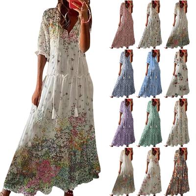 Damen V-Ausschnitt Langes Kleid Lose Reise Sommer Strand Sommerkleid Bohemian Swing Maxikleider