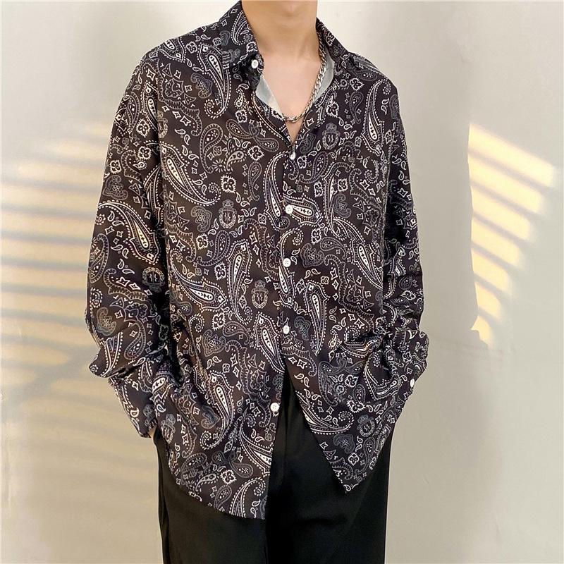 Unisex Thai Vintage Floral Long-Sleeve Shirt, Loose Fit for Street Dance, Spring/Autumn