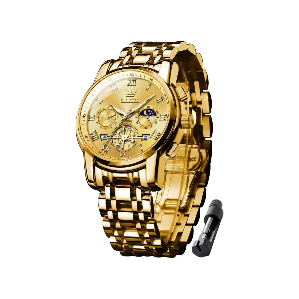 OLEVS Men s Chronograph Watch Gold Analog Waterproof Business Style Large Display Quartz