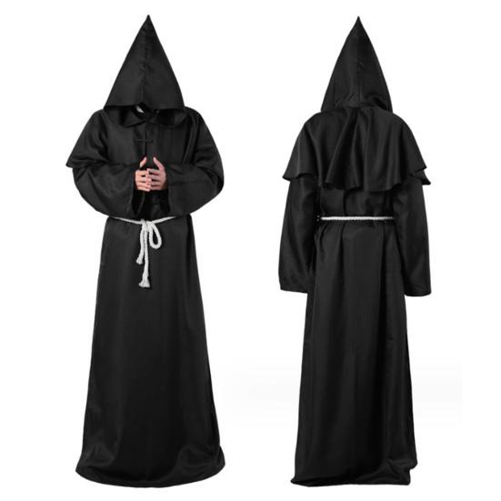 4Pcs/Set Halloween Cloak Costume Medieval Monk Robe Wizard Cosplay Dance Fabric Cape with Strong Drape Big Hat Necklace Waist Rope