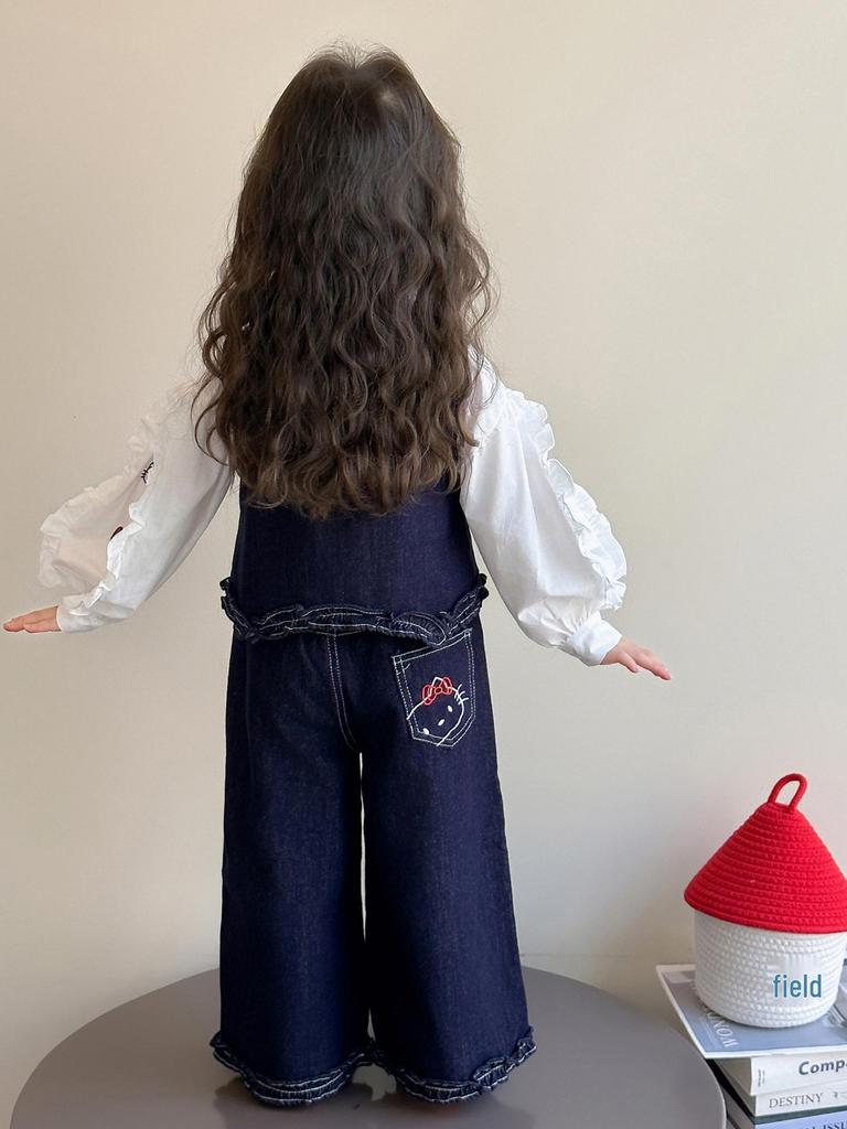 Girls' Cat Embroidered Denim Vest Set - 2025 Autumn Fashion Three-Piece Outfit