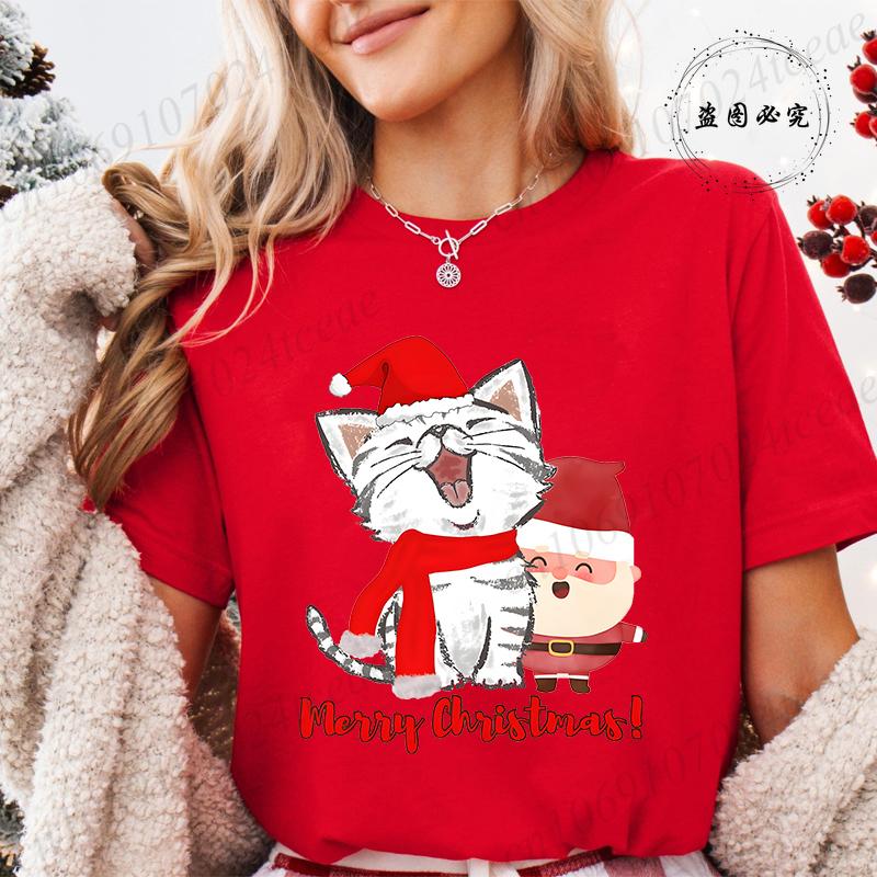 Funny Christmas Cat Women TShirt Xmas Cat Graphic TShirts Tops Short Sleeve Tees Casual Harajuku Street Tshirt Female Clothing