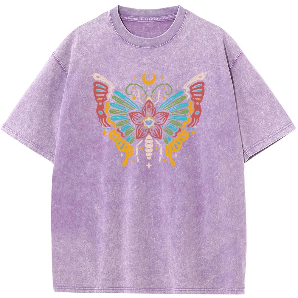 Butterfly Moon Women's Short-Sleeved T-shirt Bleached Tshirt Fashion Loose Washed T-Shirt Cotton Bleach T shirt