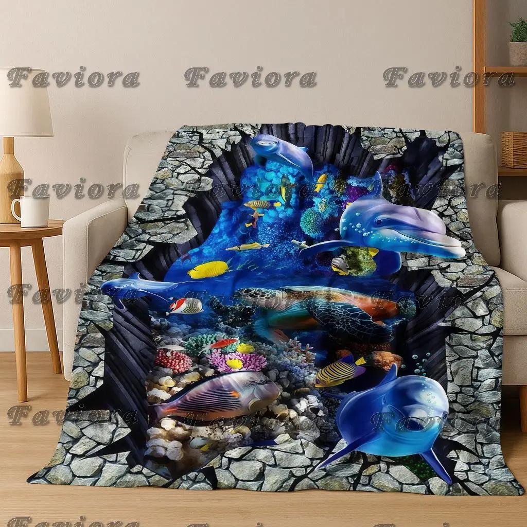 3D Illusion Sea Underwater World Dolphin New Flannel Blanket,Cozy Soft Throw Blanket For Home Bedroom Bed Sofa Cover Gift