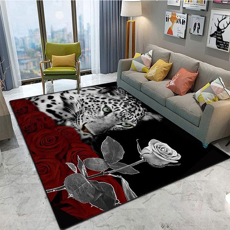 White Leopard and Roses Area Rug - Floral Animal Pattern Non-Slip Floor Mat for Living Room, Bedroom