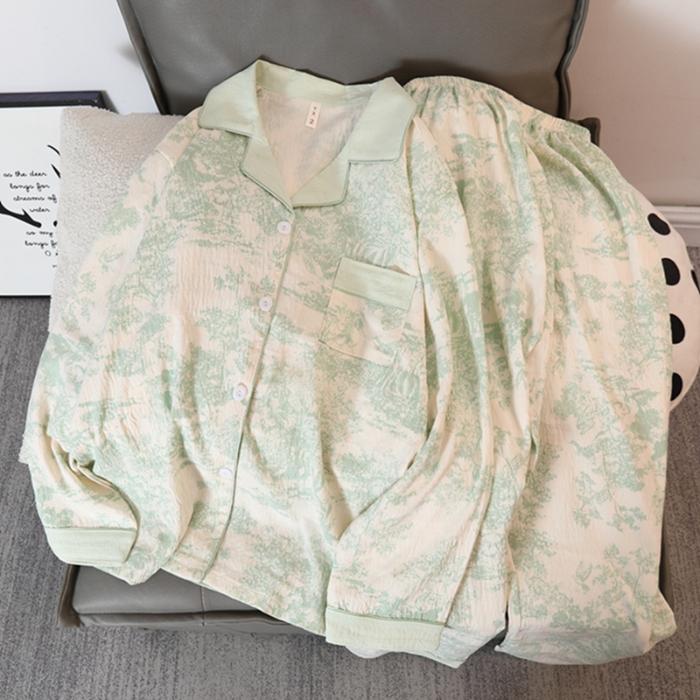 Cute Cherry Flower Bow Tie Print 2 Pieces Women's Pajamas Set Button V-neck Design Women's Sleepwear Cartoon Homewear