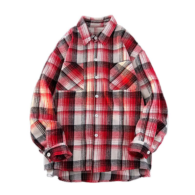 Retro Men's Plaid Long-sleeved Shirt Loose Jacket Men and Women's Shoulder-shoulder Shirt Large Size