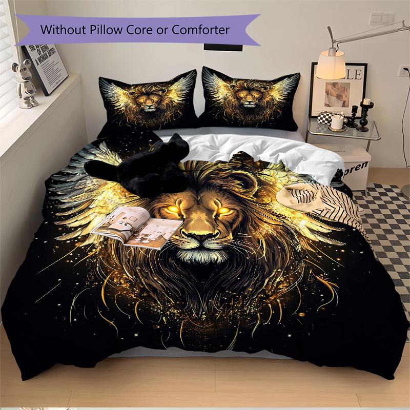 3pcs Golden Winged Lion Quilt Set Cartoon Themed Bed Quilt Set Lovely Character Bedroom Decor Bed Quilt Set Four Seasons (1 Cover + 2Pillowcase N