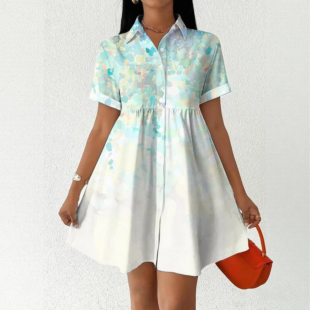 Women’s Casual Loose Fit Shirt Dress Button Down Stand Collar Short Sleeve Relaxed Tunic Dress with Geometric Print