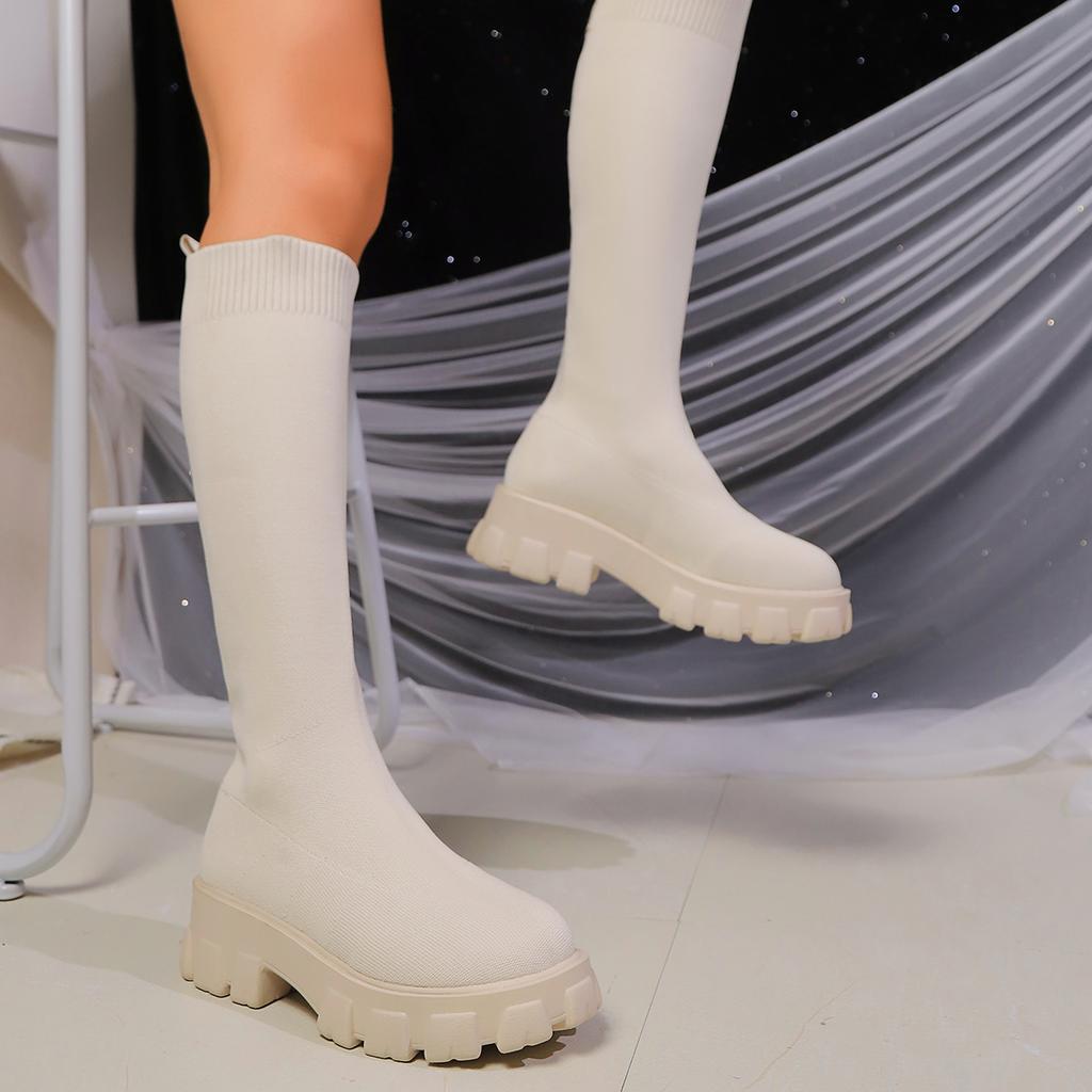 Fashion 2024 Spring Autumn New Thick Sole Knitted Long Boots for Women Fashion Elastic Socks Boots Over Knee Round Toe Platform Shoes