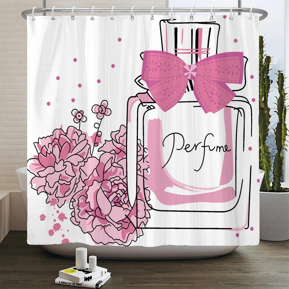Perfume Bottle Flower Shower Curtain Set Black White Stripes Fashion Girl Woman Bathroom Decor Polyester Bath Curtains Hooks