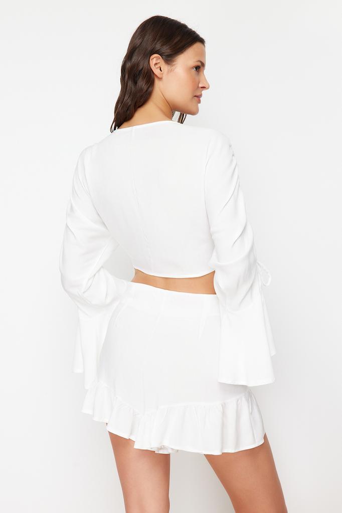 Damenmode Neues Oberteil-Unterteil-Set Schwarz Gewebte Rüschenbluse Shorts Set