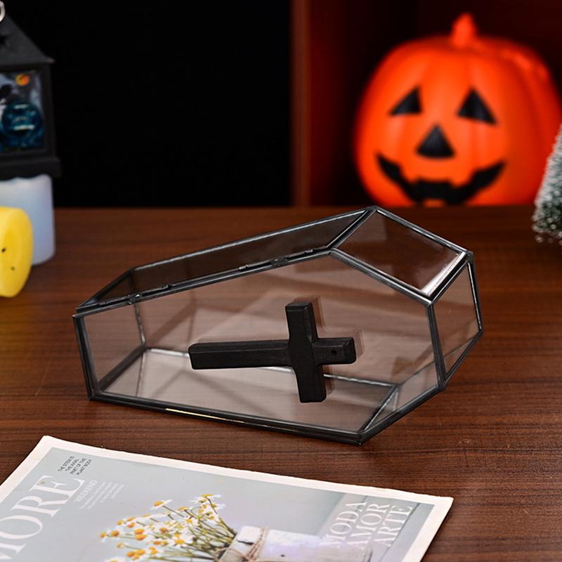 Halloween Cross Glass Coffin Box Gothic Jewelry Box With Lid Decorative Display Box Candy Storage Case Mini Vampire Treat Holder