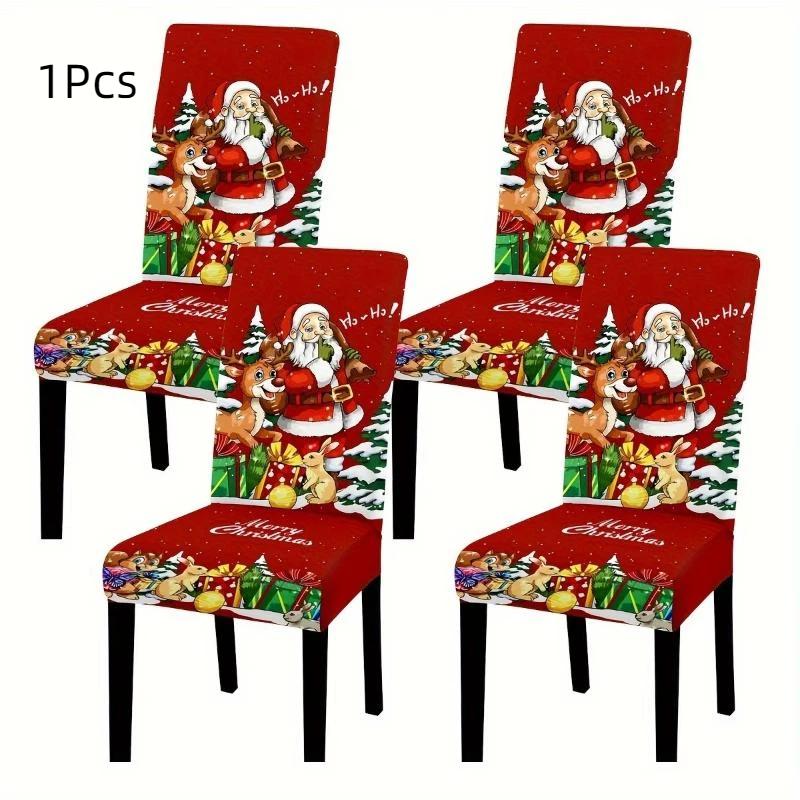 1Pcs Dining Chair Cover Santa Claus Pattern Stretchable Seat Protector For Holiday Party Decoration Holiday Table Setting
