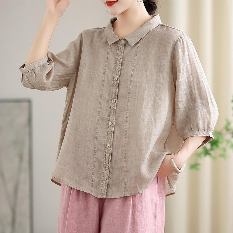 2025 Summer New Cotton and Linen Embroidered Shirt Women's Loose and Thin Lapel Five-quarter Sleeve Versatile Temperament Cardigan Top