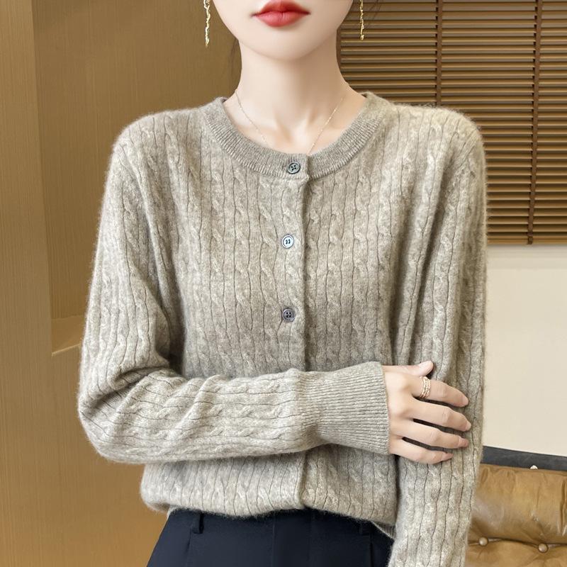 Podzimní dámské pletené zboží Kulatý výstřih Kroucený kardigan Svetr Bunda