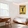 Vintage Surf Metal Tin Sign, Less Work More Surf Motivational Plaque with Rusty Wear, Black Silhouette Design, Yellow Background