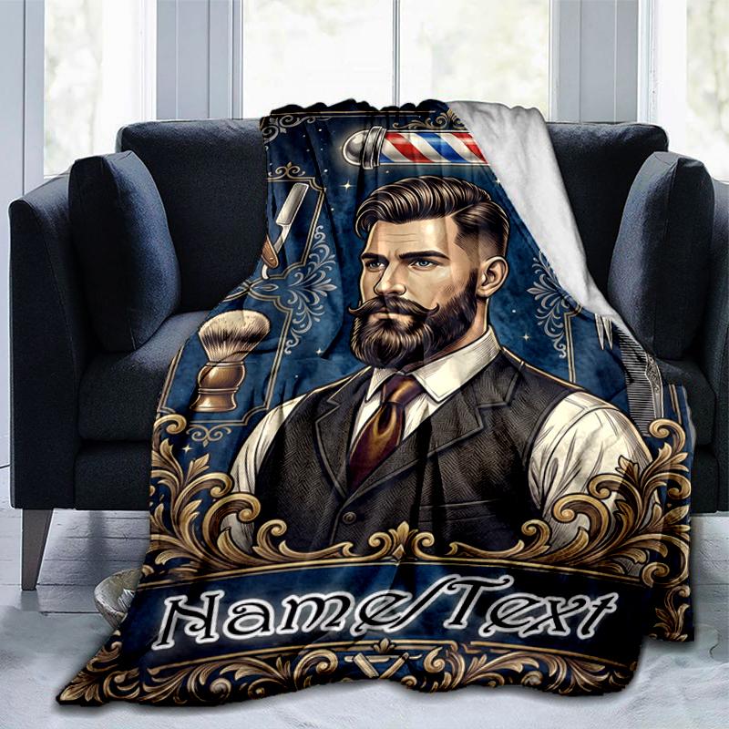 1PC Custom Name Barber Shop Vintage Style flannel blanket versatile,all-season throw suitable for the living room,bedroom,camping,travel,and gift