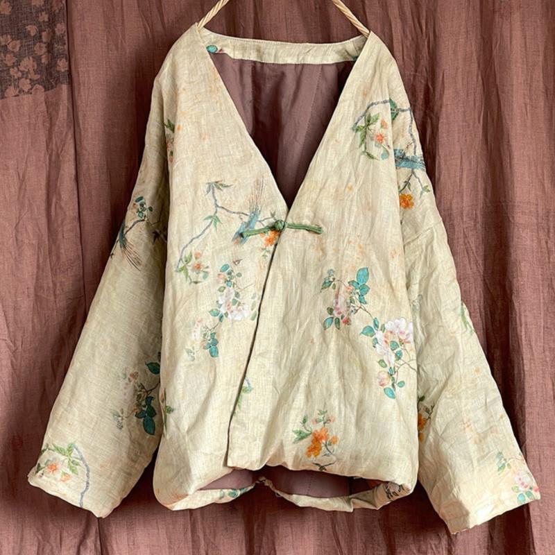 Johnature Frauen Vintage Print Floral Parkas V-ausschnitt Langarm Warme Herbst Mäntel Leinen Chinesischen Stil Single Button Parkas