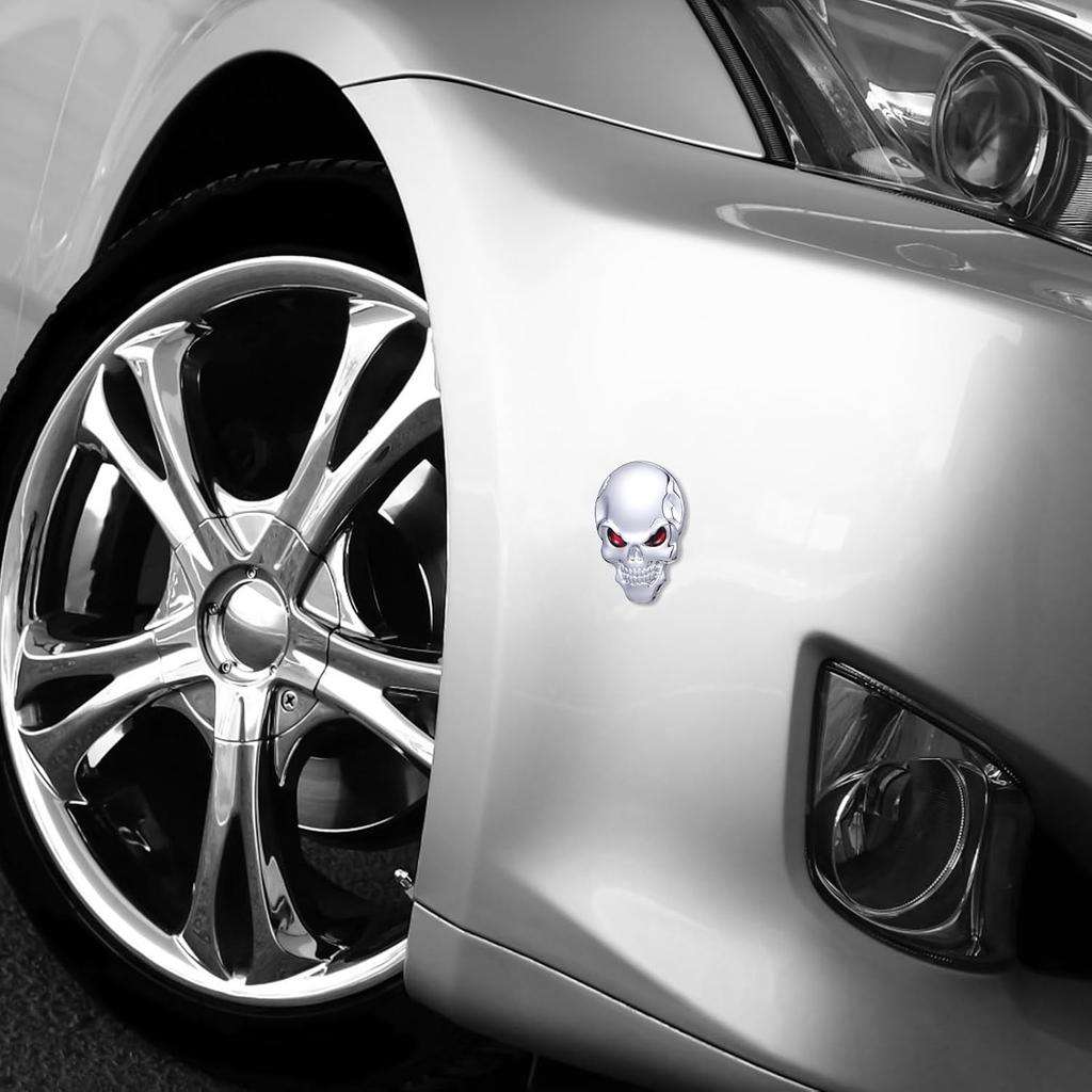 Skull Car Emblem Decal Metal Sticker Emblem Decal Motorcycle Car Skull Accessories (Silver)