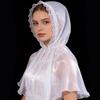 Fashion Silk Satin Lace Cape White Ribbon Trim Hooded Shawl Elastic Chiffon Hijab Church Prayer