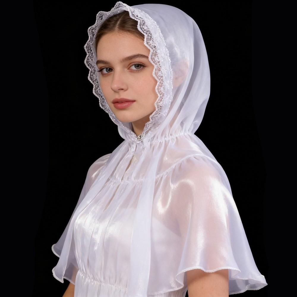 Fashion Silk Satin Lace Cape White Ribbon Trim Hooded Shawl Elastic Chiffon Hijab Church Prayer