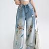 Pantaloni di Jeans a Vita Alta Strappati Gamba Larga Elasticizzati Comodi Street Fashion