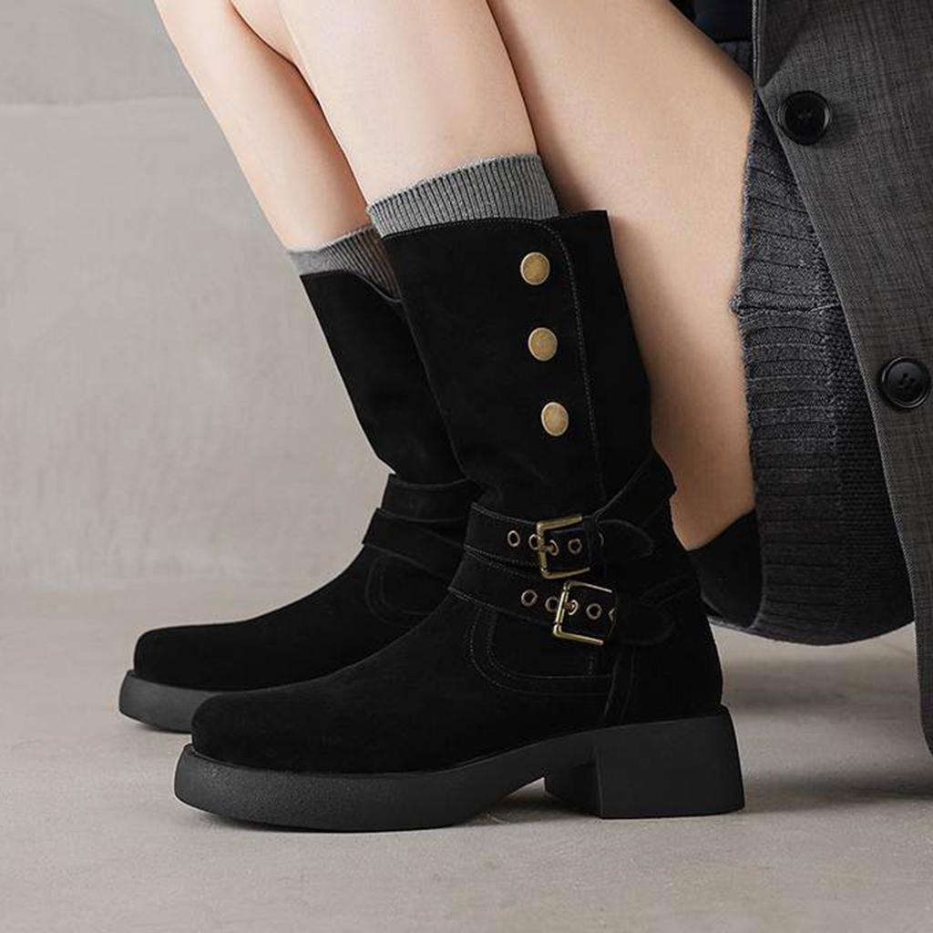 Krazing Pot Cow Suede Round Toe Thick Heels Motorcycle Boots Size 42 Back Zip Women Keep Warm Metal Button Mid-calf Boots