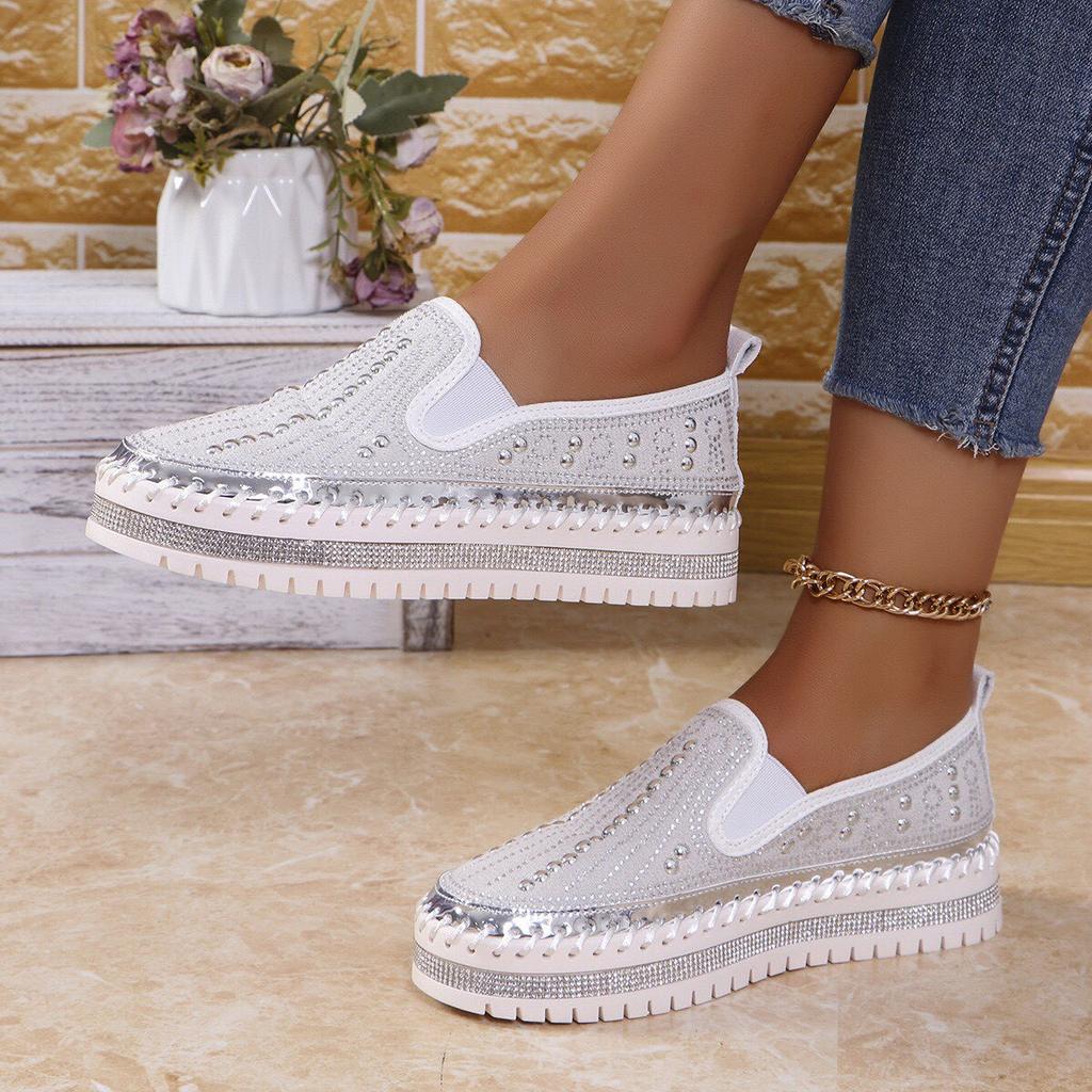 Runde Zehenpartie Damen Slip-on Loafer Mode Kristall Glitzer Anti-Rutsch Freizeit Schuhe für Damen Dicker Boden Flache Schuhe Frühling Sommer