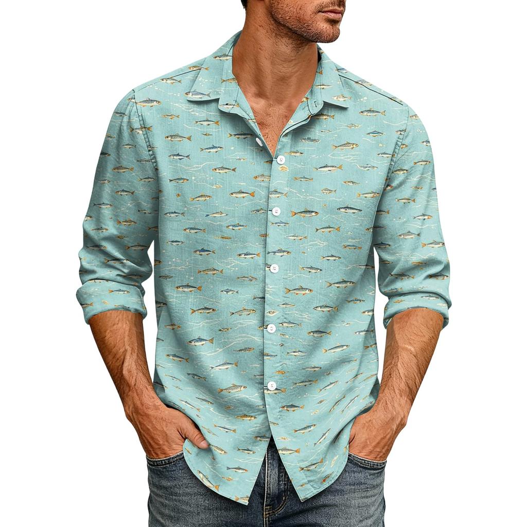 Men's Loose Fit Long Sleeve Shirt Hawaiian Style Retro Casual Button Down Shirt with Spread Collar Suitable for Spring and Autumn Wear