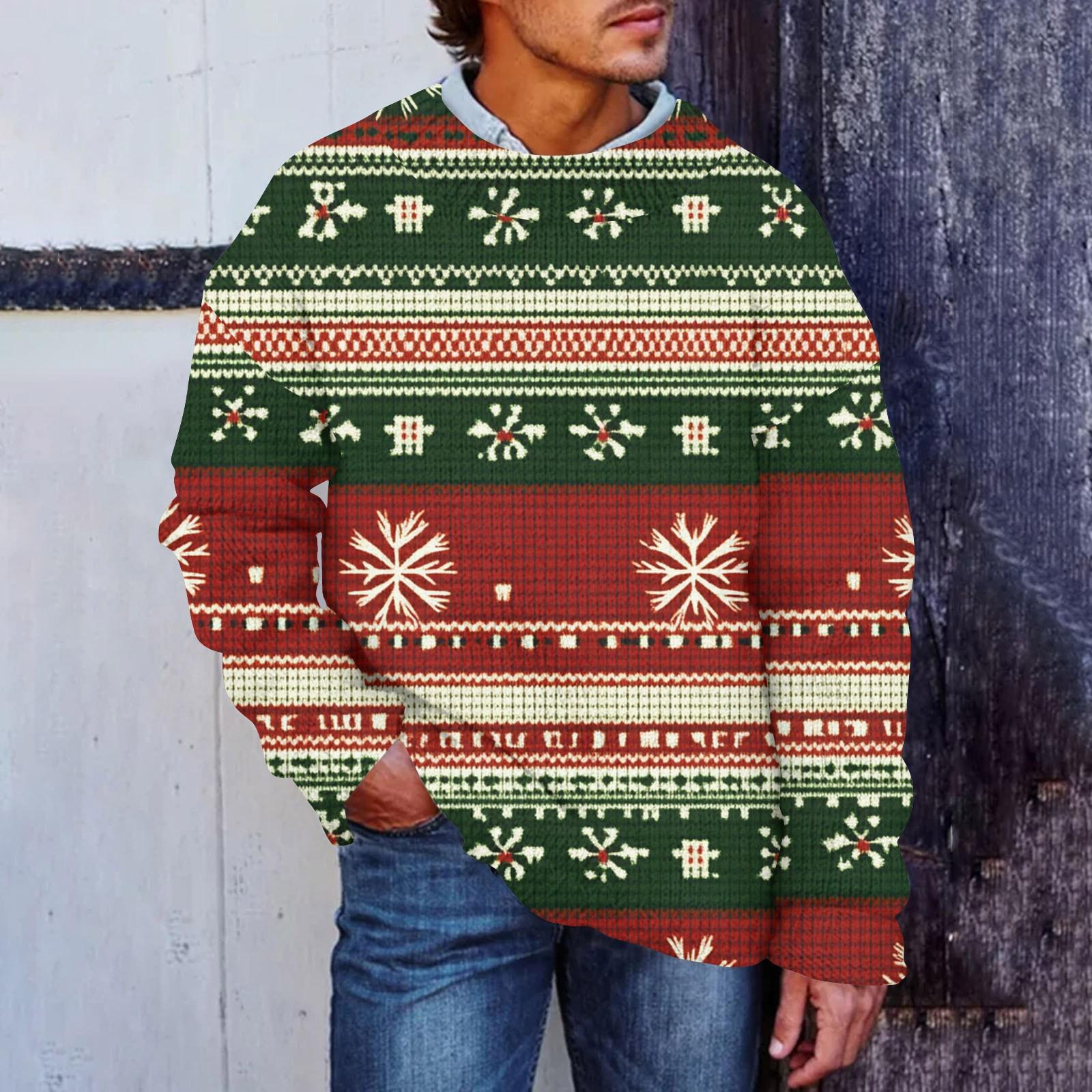 Мужской рождественский принт искусственный свитер толстовка с круглым вырезом свободный топ с длинными рукавами XXL зелёный 2395₽