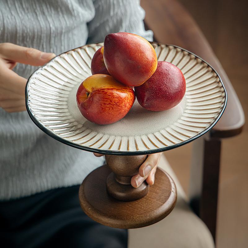 Retro Wooden Fruit Plate High-Footed Tray Household Ceramic Pastry Fruit Plate Housewarming New Home Ornament Export
