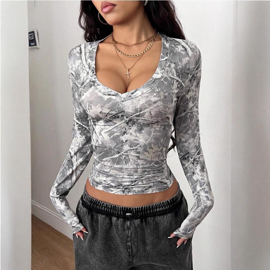 Women Exposure Of Navel Long Sleeve Sexy Retro Camouflage Branch Pattern U-neck Solid Shirt Tops Blouse