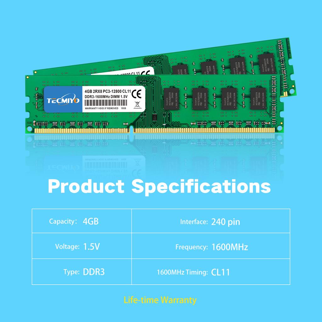 Super 8GB Desktop RAM DDR3 DDR3L 1600MHz 1333MHz PC3-12800U PC3-10600U 4GB DIMM Intel AMD 1.5V 1.35V 2RX8 Non-ECC Memory - Green