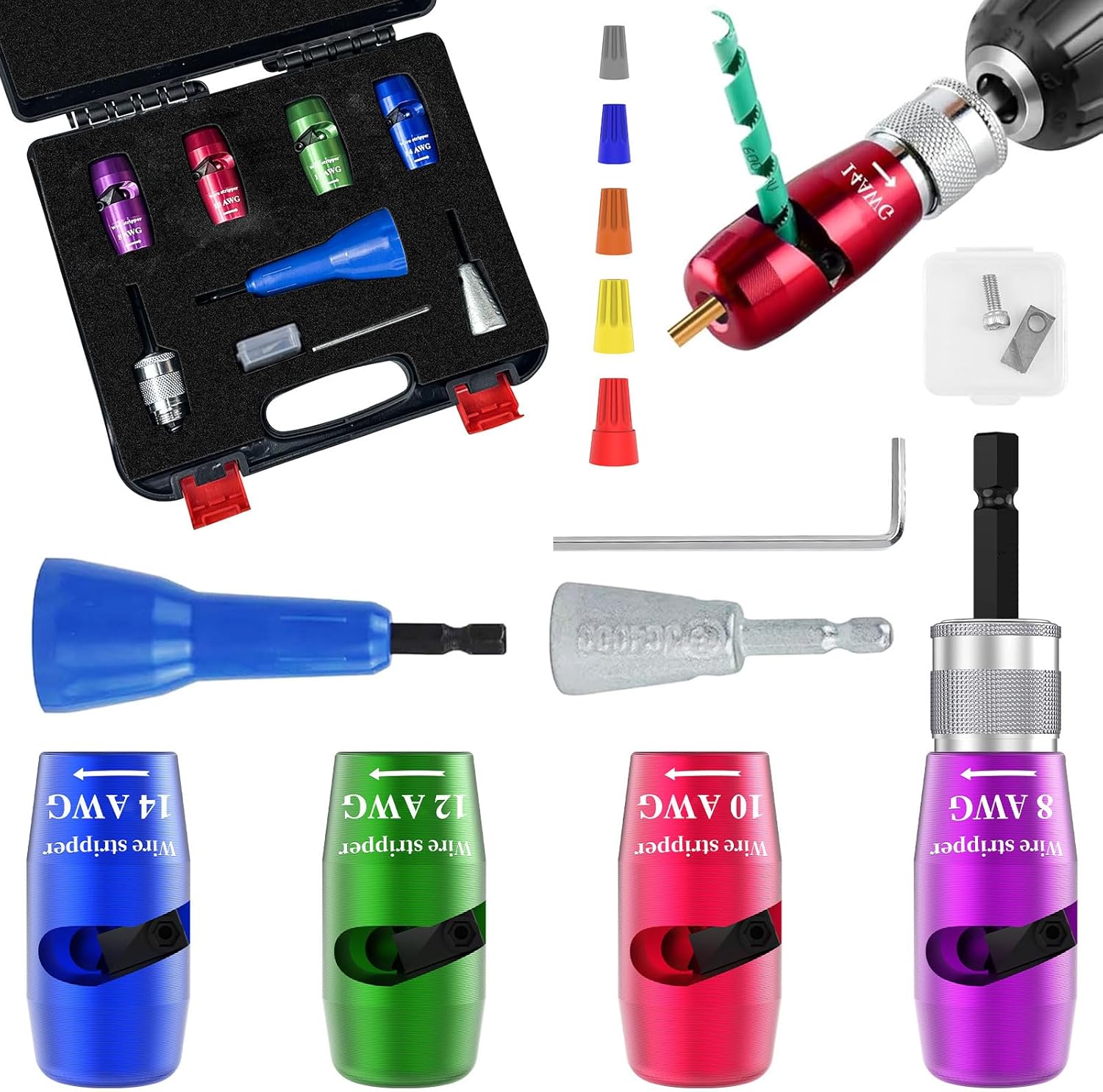 9Pcs Wire Twister for Drill, 6-14 Gauge Wire Stripper & Connector Set