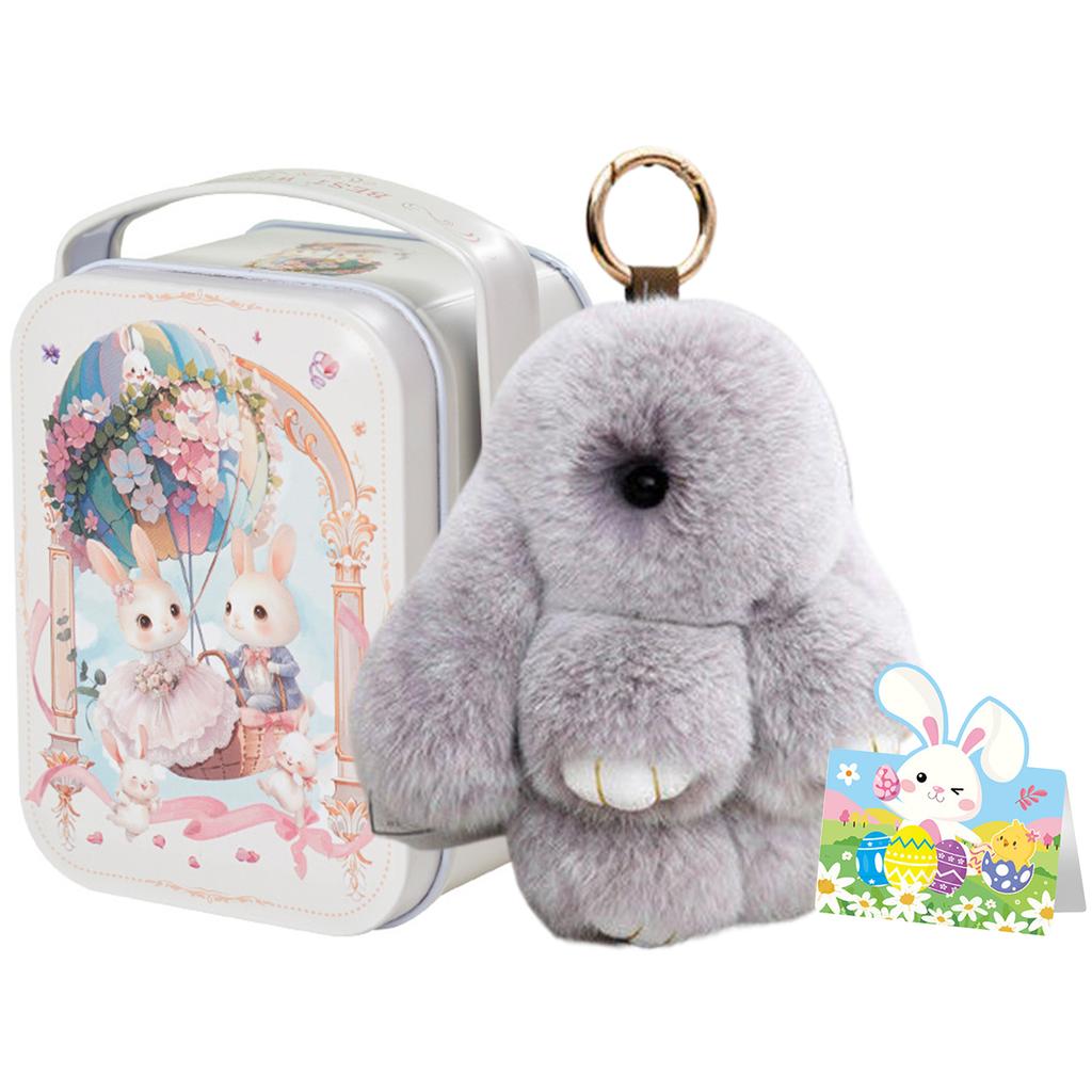 Glückskaninchen Schlüsselanhänger mit Blechdose & Grußkarte Niedlicher Plüsch-Kaninchen Schlüsselanhänger für Taschen Rucksäcke Kaninchen Anhänger Ostergeschenke