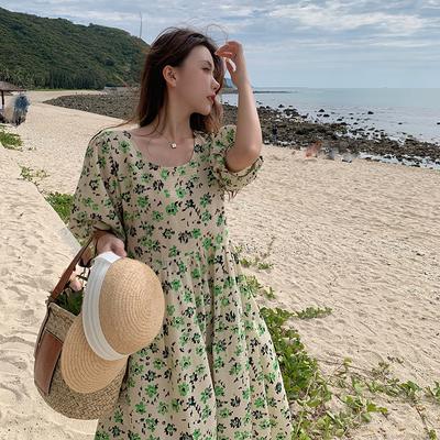 Women French Style Floral Print Women Loose Dresses Puff Sleeve A-line Dress Vestidos Elegantes
