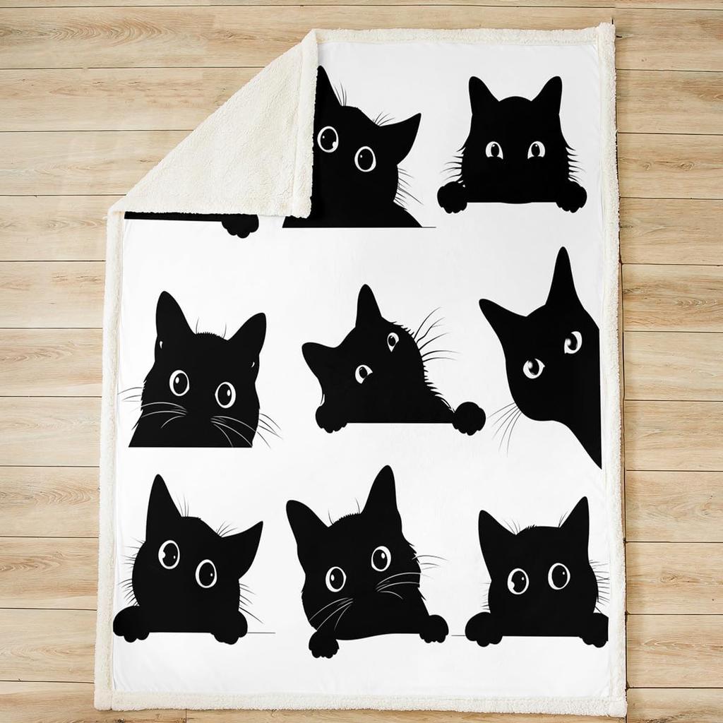 Feelyou Black Cat Fuzzy Blanket for Kids Toddler Cute Pet Cats Fleece Throw Kawaii Super Soft Cozy Animal Sherpa Blanket 50"X60"