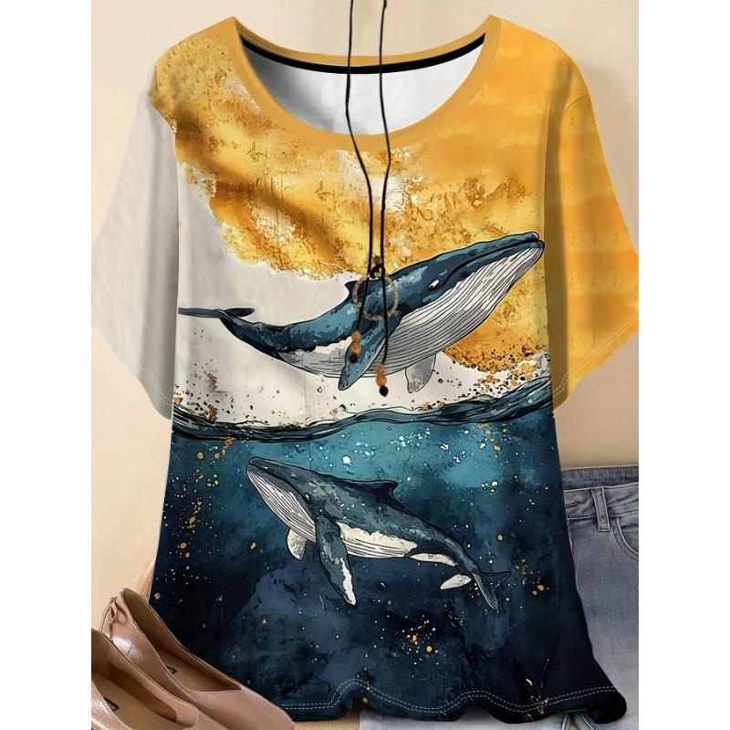

Women s 3D Whale Full Print T-Shirt - Casual Short Sleeve Crew Neck Top S
