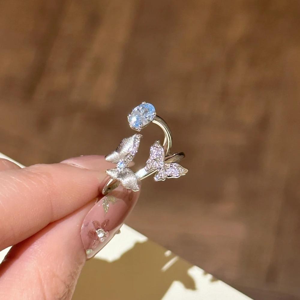 

Ethereal Butterfly Open Ring Blue Topaz Gemstone with Filigree Wings Minimalist Fashion Jewelry for Women