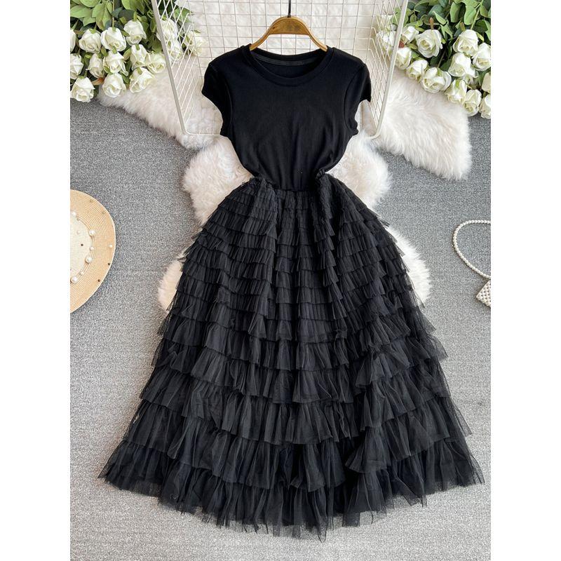 French Style Gold Midi Dress for Women 2024 Summer New Arrival Black Panel Mesh Cinched Denim Casual Young Dress