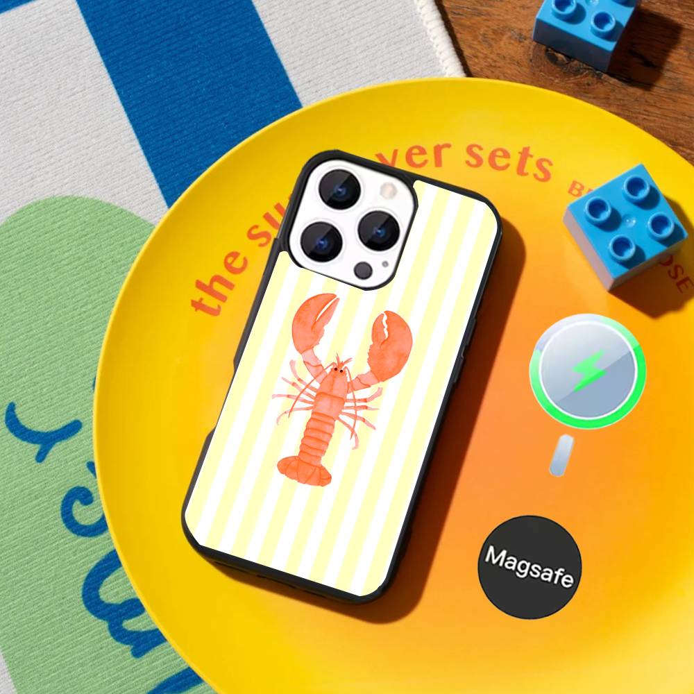 Lobster On Stripes Ocean Phone Case For iPhone 17,16,15,14,13,12,11,Pro,Max,Plus,Mini,SE4,E Magnetic Magsafe Wireless Charging