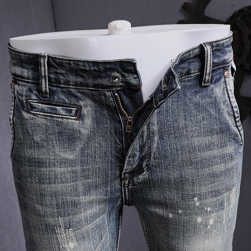 High End European And American New Denim Jeans With Men'S Small Feet, Personalized Trend, Washed Retro, And Worn Denim Jeans