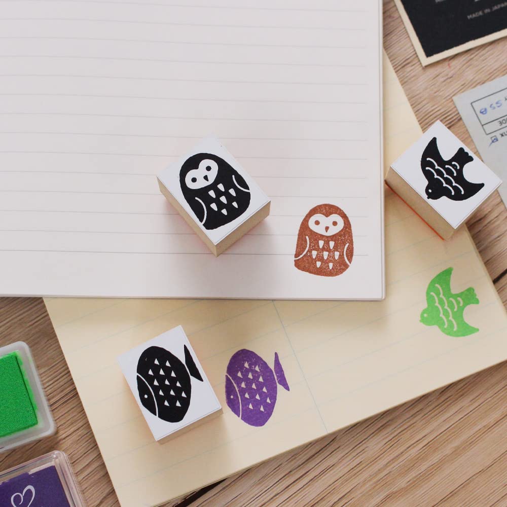 Cute Wooden Rubber Stamp Set with Nordic and House Perfect for Bridal and Made In Japan Designs, Owl, Leaf, Fish, Bird, Designs. Cards, Postcards,